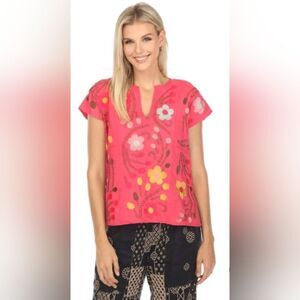 Johnny Was JWLA Joni Easy Paneled V-Neck Floral Embroidered Top Boho Chic size S